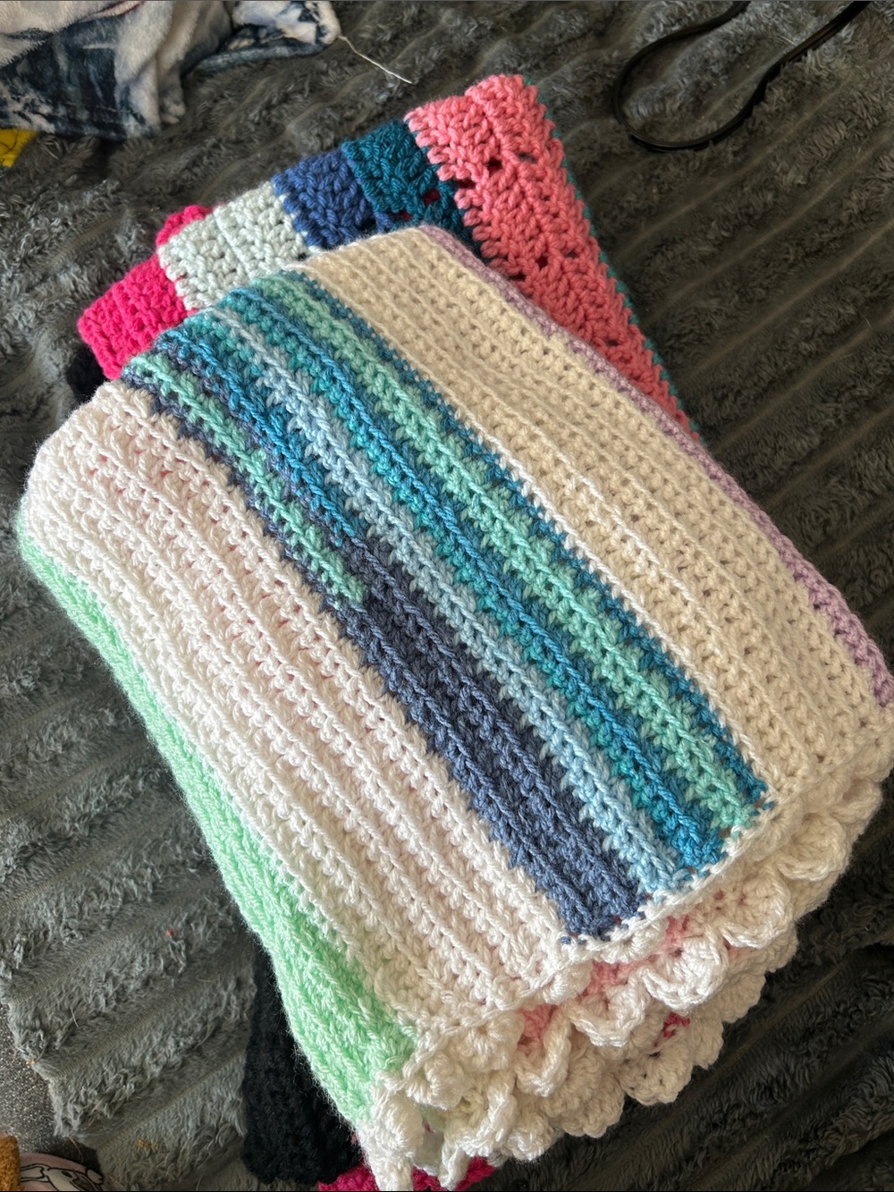2 Bundles Of Handmade Kids Crochet Blanket in White, Blue & Mint